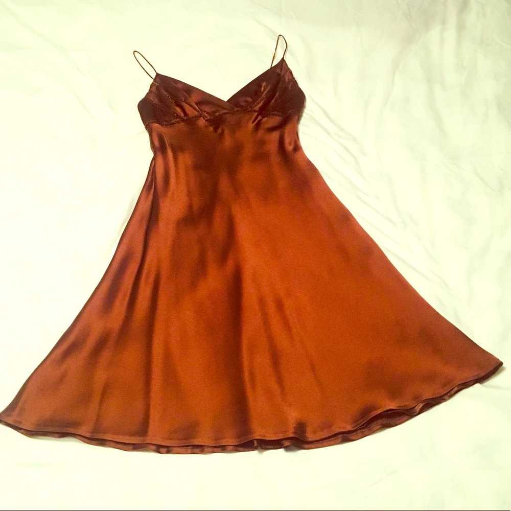 Brown beaded flare slip dress by Carmen Marc Valvo